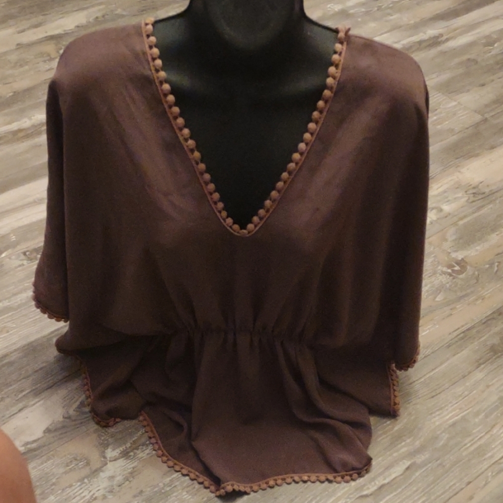 Aggie Brown V-Neck Poncho with Pom-Pom Trim, Butterfly Wings Size Large